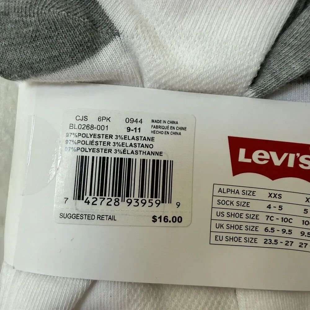 Levi's Kids boys 6 pairs mid it Socks size M shoe size 5-7Y NWT